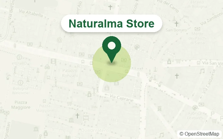 Mappa del centro di Bologna con il Naturalma Store in via Rizzoli 30/b, vicino a piazza Maggiore